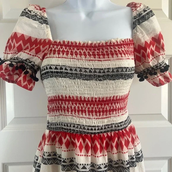 EN CRÈME Smocked Boho Pom Pom Mini Dress Red Cream Black Size XS TINY FLAW - Picture 6 of 11